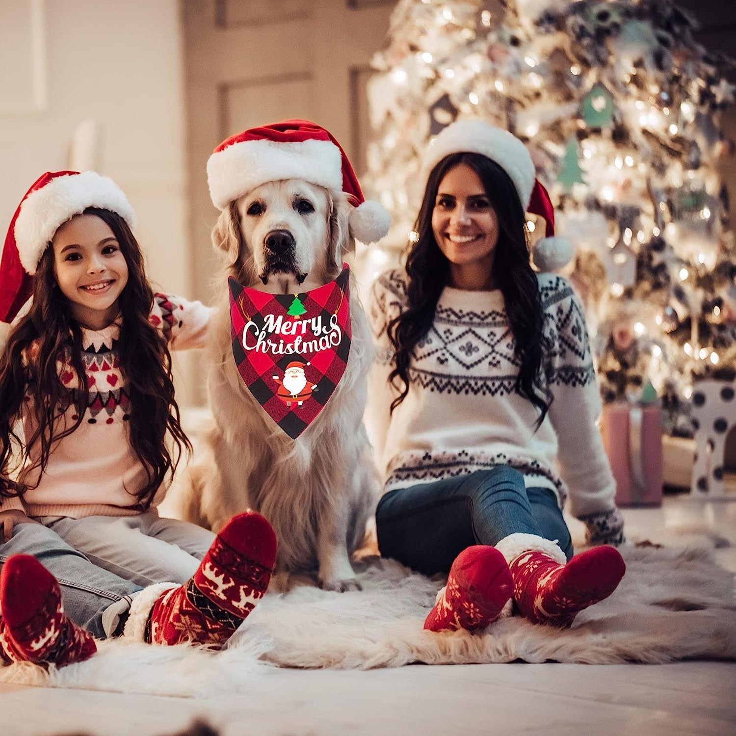 2 Pack Dog Bandana Christmas Classic Plaid Pet Scarf Triangle Bibs Kerchief Merry Christmas Red Santa Snowman Bandana for Medium Large Dogs Pets (Large)